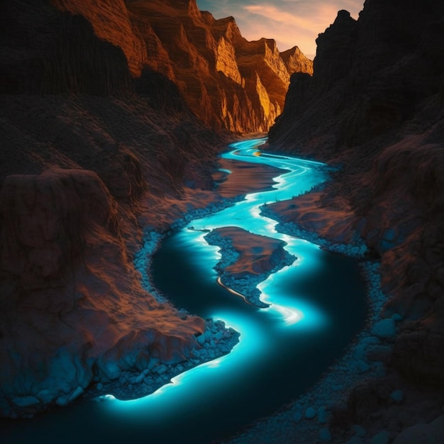 Vista de Arafed de un río en un cañón con agua azul brillante generativa ai