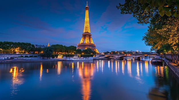 Foto vista arafed de la torre eiffel y el río sena por la noche generativo ai