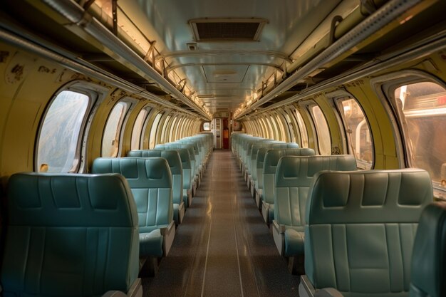 Foto vista arafed de un vagón de tren con asientos azules y una ventana generativa ai