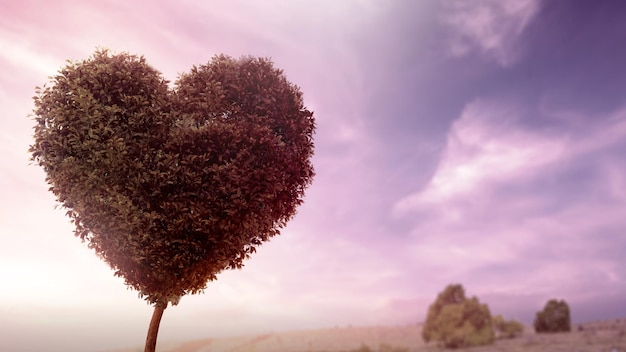 Vista de un árbol con forma de corazón en el dramático fondo del cielo Copiar el espacio Decoración para el amor o el fondo del Día de San Valentín