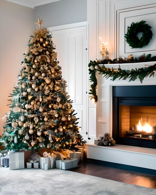 Vista del árbol de Navidad brillantemente decorado en casa