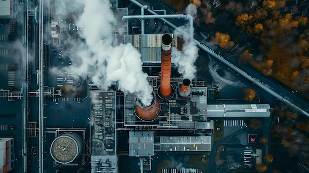 Vista del área de la fábrica Humo de la chimenea industrial Fotografía de drones del paisaje urbano
