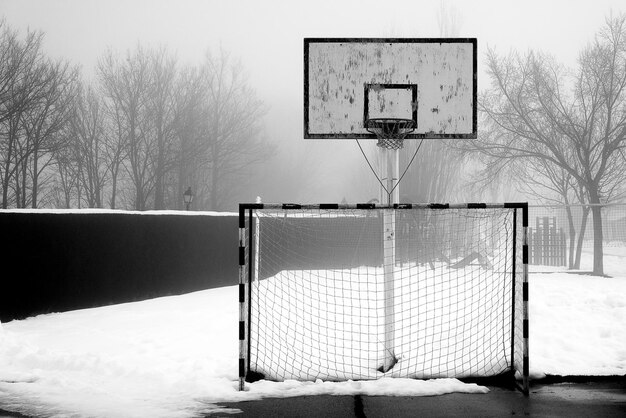 Vista de un aro de baloncesto en un campo nevado