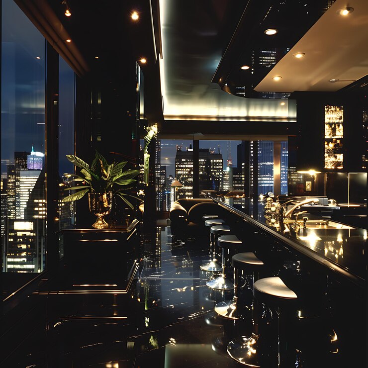 vista arrafada de un bar con un horizonte de la ciudad en el fondo