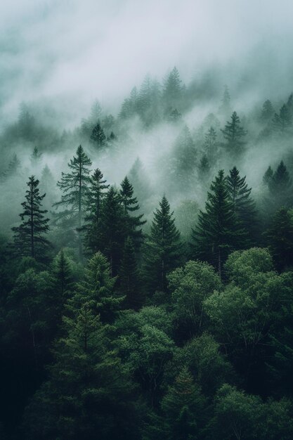 vista arrafada de un bosque con niebla y árboles en primer plano