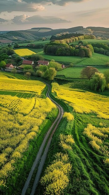 vista arrafada de una carretera que serpentea a través de un campo de flores amarillas