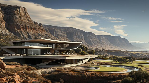 Foto vista arrafada de una casa en un acantilado con vistas a un valle generativo ai