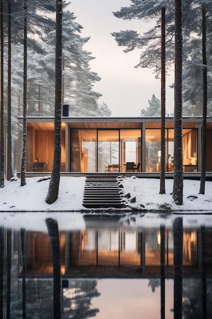 Foto vista arrafada de una casa en el bosque con un estanque y escaleras generativas ai