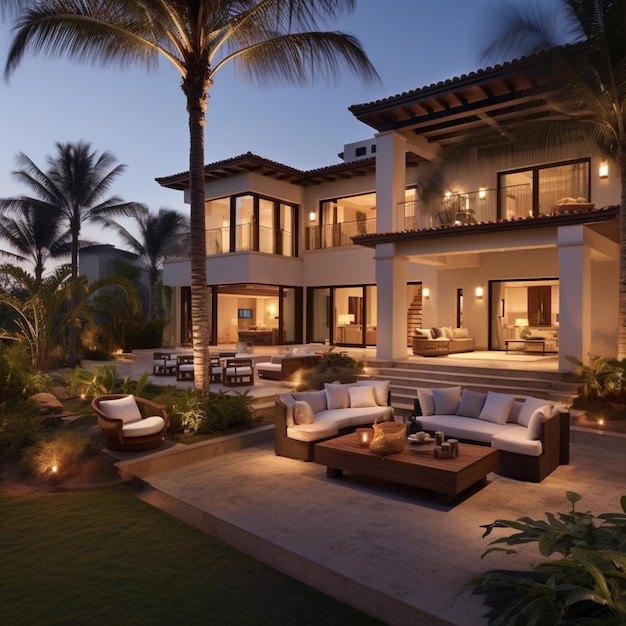 vista arrafada de una casa grande con un patio y una palmera generativa ai