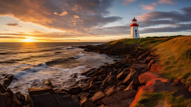 vista arrafada de um farol em uma costa rochosa com um pôr-do-sol no fundo AI gerativa