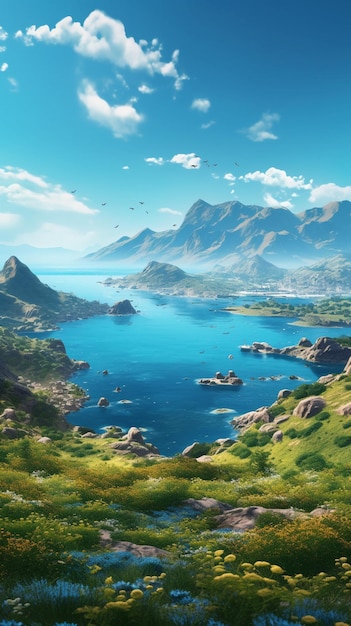 vista arrafada de um lago e montanhas com um céu azul generativo ai