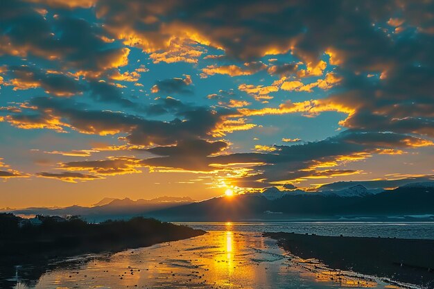 vista arrafada de um pôr-do-sol sobre um corpo de água