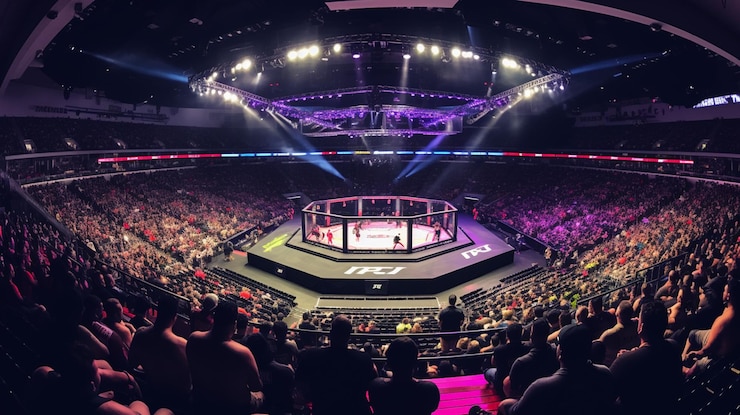 Foto vista arrafada de um ringue de wrestling profissional com uma multidão de pessoas generativa ai