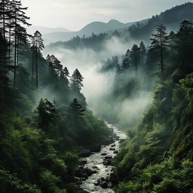 vista arrafada de um rio atravessando uma floresta com nevoeiro gerador ai