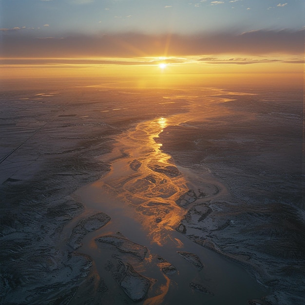 vista arrafada de um rio que atravessa um deserto ao pôr do sol