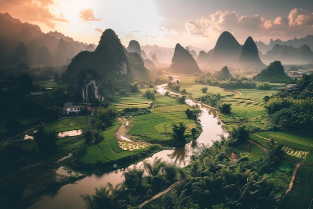 vista arrafada de um rio que atravessa um vale verde exuberante