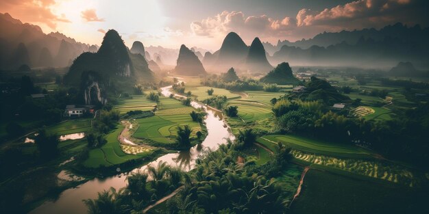 vista arrafada de um rio que atravessa um vale verde exuberante