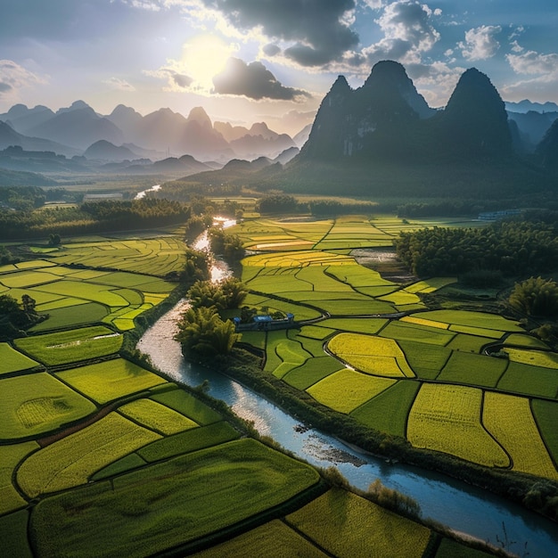 vista arrafada de um rio que atravessa um vale verde exuberante