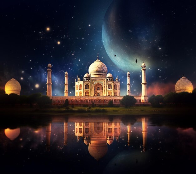 vista arrafada de um Taj Mahal com uma lua no fundo generativo ai