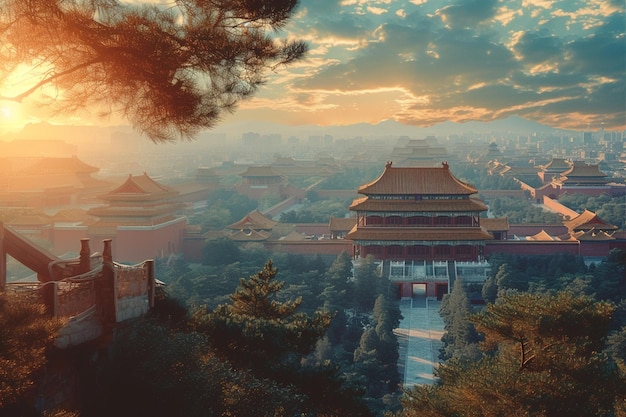 vista arrafada de um templo chinês com um belo céu generativo ai