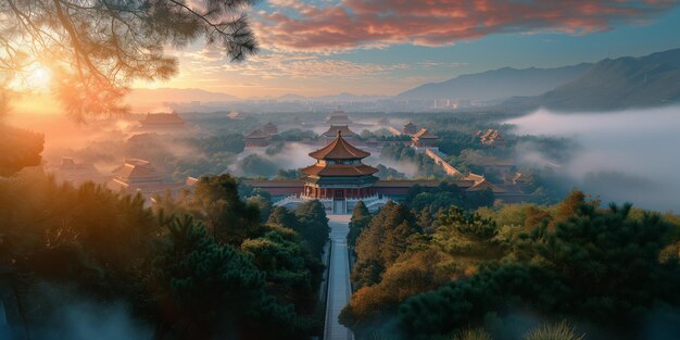 vista arrafada de um templo chinês no meio de um vale generativo ai