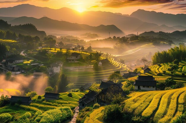 vista arrafada de uma aldeia nas montanhas com um belo pôr-do-sol generativo ai