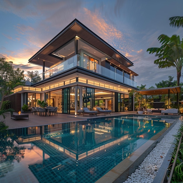 vista arrafada de uma casa moderna com uma piscina e pátio generativo ai