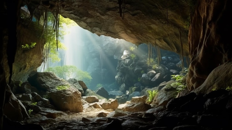 Foto vista arrafada de uma caverna com a luz do sol brilhando através da janela generativa ai