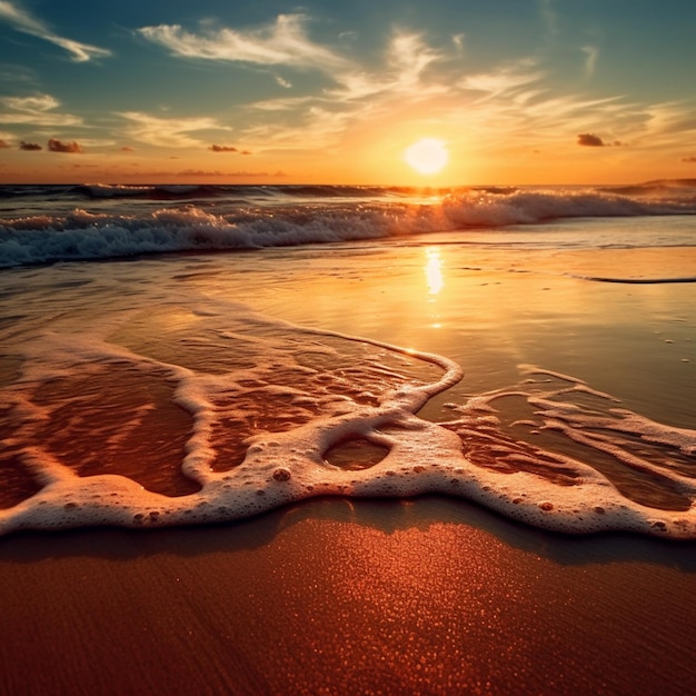 vista arrafada de uma praia com ondas e um pôr-do-sol generativo ai