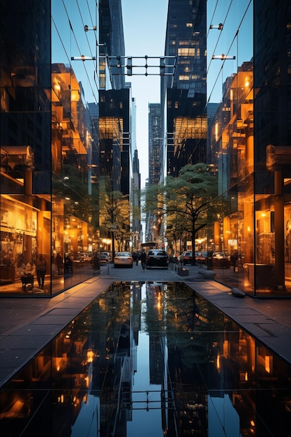 Vista arrafada de uma rua da cidade com um reflexo em uma poça generativa ai