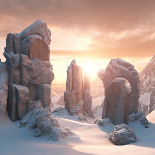 vista arrafada de una montaña nevada con rocas y nieve generativa ai
