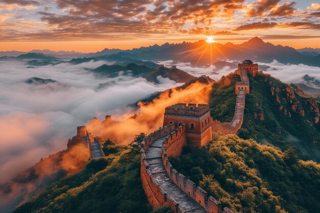 vista arrafada de una montaña con una pared y una puesta de sol generativa ai