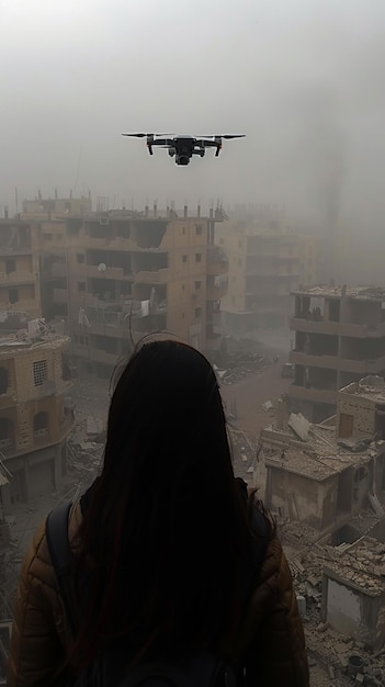 Foto vista arrafada de una mujer mirando un avión volando sobre una ciudad generativa ai