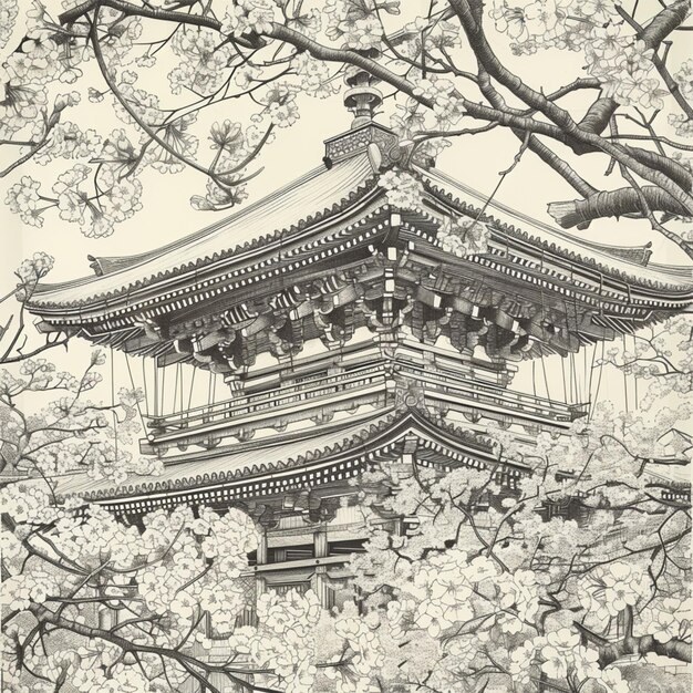 vista arrafada de una pagoda con un árbol en primer plano