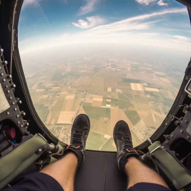 Foto vista arrafada de una persona sentada en un avión mirando por la ventana generativa ai