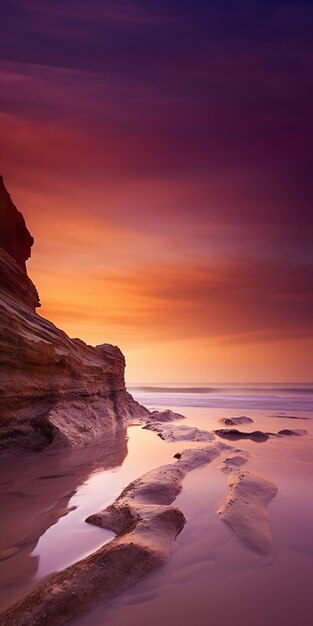 vista arrafada de una playa con una formación rocosa y una puesta de sol generativa ai