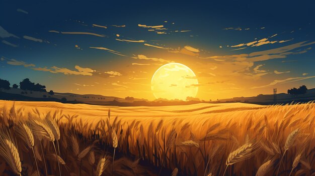 vista arrafed de un campo de trigo con una luna llena en el fondo generativo ai