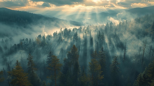 vista arrafed de uma floresta com nevoeiro e raios de sol generativo ai