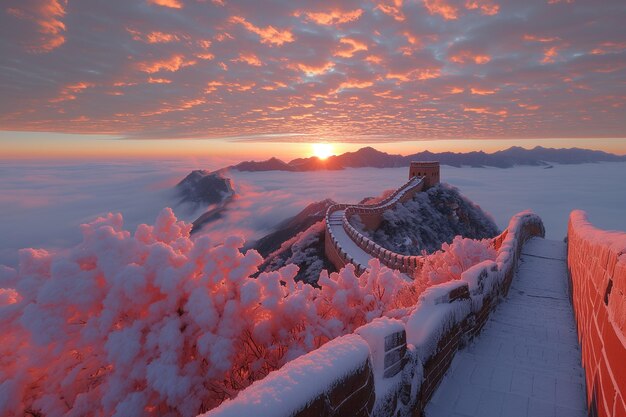 vista arrafed de una montaña nevada con una puesta de sol en el fondo generativo ai