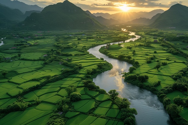 vista arrafed de un río que corre a través de un valle verde exuberante generativo ai