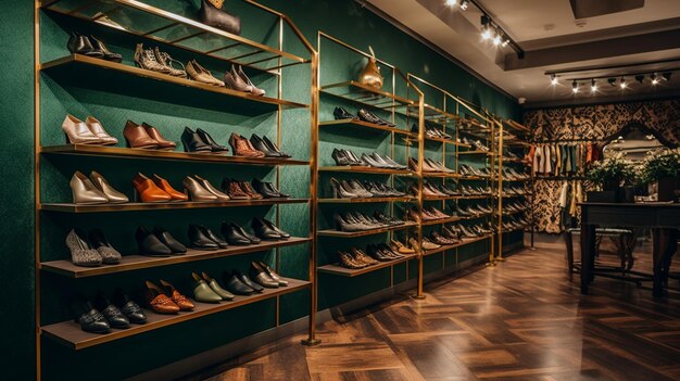 vista arrafed de una tienda de zapatos con una gran colección de zapatos generativo ai