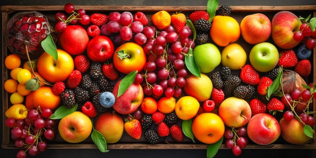 Vista de arriba hacia abajo de bayas y frutas frescas Fondo de verano IA generativa