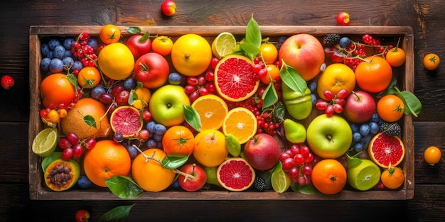 Vista de arriba hacia abajo de bayas y frutas frescas Fondo de verano IA generativa