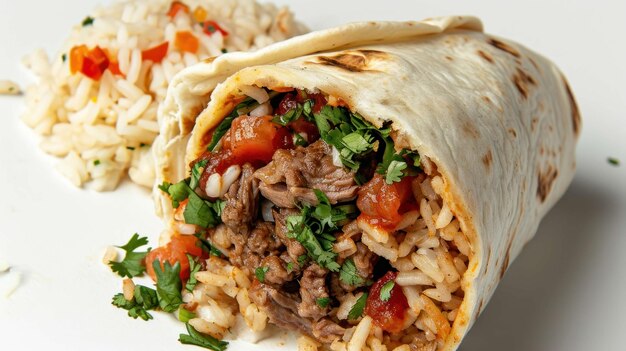 Vista de arriba hacia abajo de un Burrito de carne clásica en un fondo blanco limpio