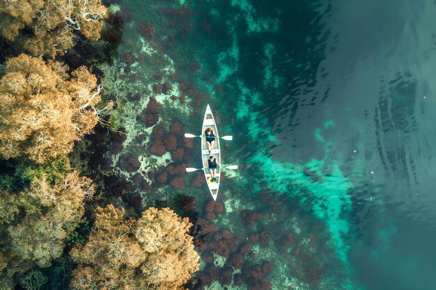 Vista de arriba hacia abajo de la canoa en el lago