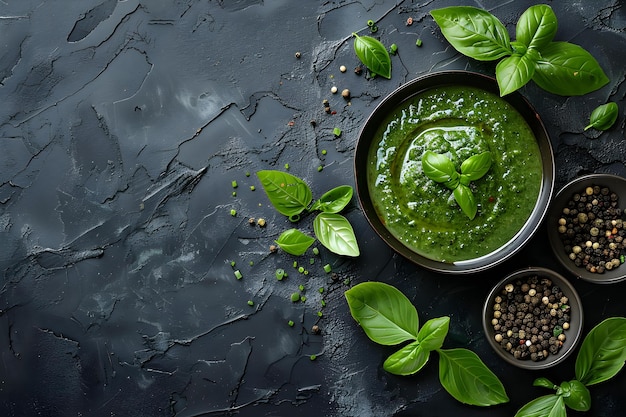 Vista de arriba hacia abajo del curry verde contra un fondo negro Concepto de cocina tailandesa Fotografía de comida cocina tailandese Ángulo de abajo hacia arriba Curry verde con fondo negro