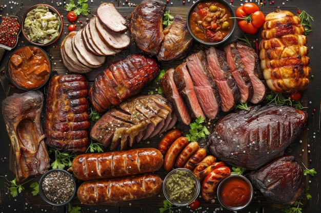 Una vista de arriba hacia abajo de una deliciosa variedad de carnes que crean un telón de fondo apetitoso