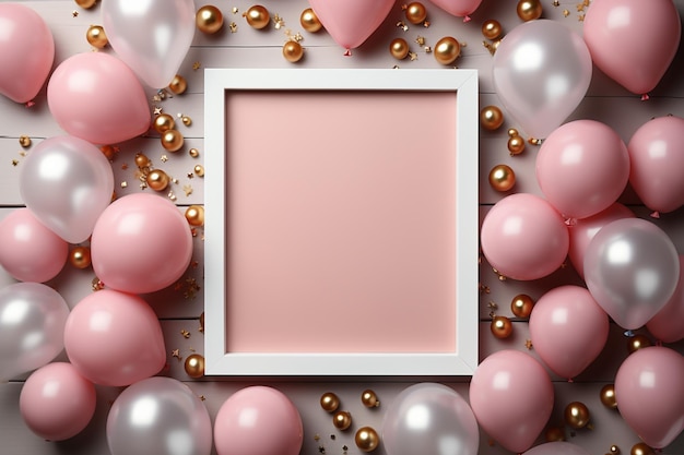 Vista de arriba hacia abajo globo de mesa rosa pastel marco enmarcado confeti cumpleaños perfecto endecha plana