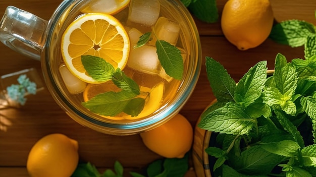 Una vista de arriba hacia abajo de una jarra de té helado rodeada de hojas de menta frescas y frutas cítricas en rodajas