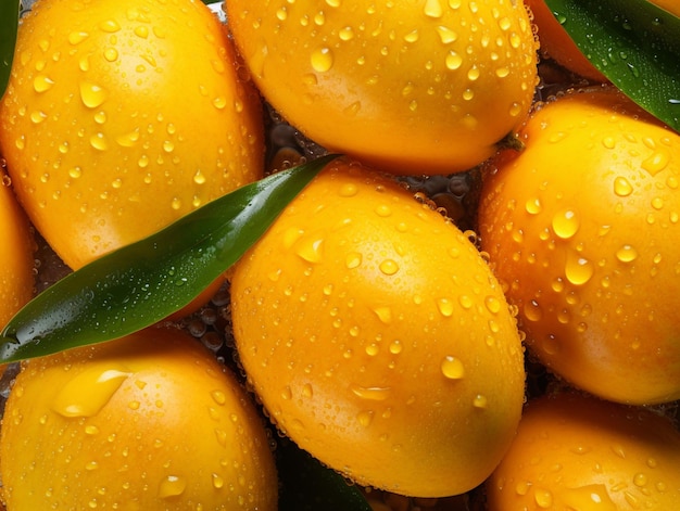 Vista de arriba hacia abajo de mango fresco con gotas de agua